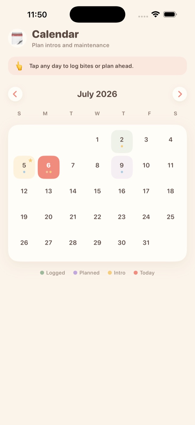 Baby Bites calendar with planned days and introduction markers.