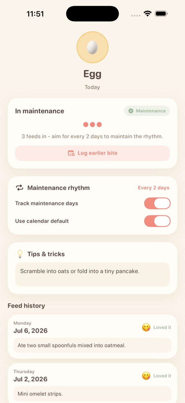 Baby Bites food detail screen with maintenance rhythm, tips, and feed history.