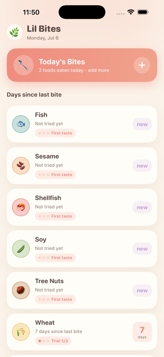 Baby Bites home screen showing today's bites and days since each allergen was last served.
