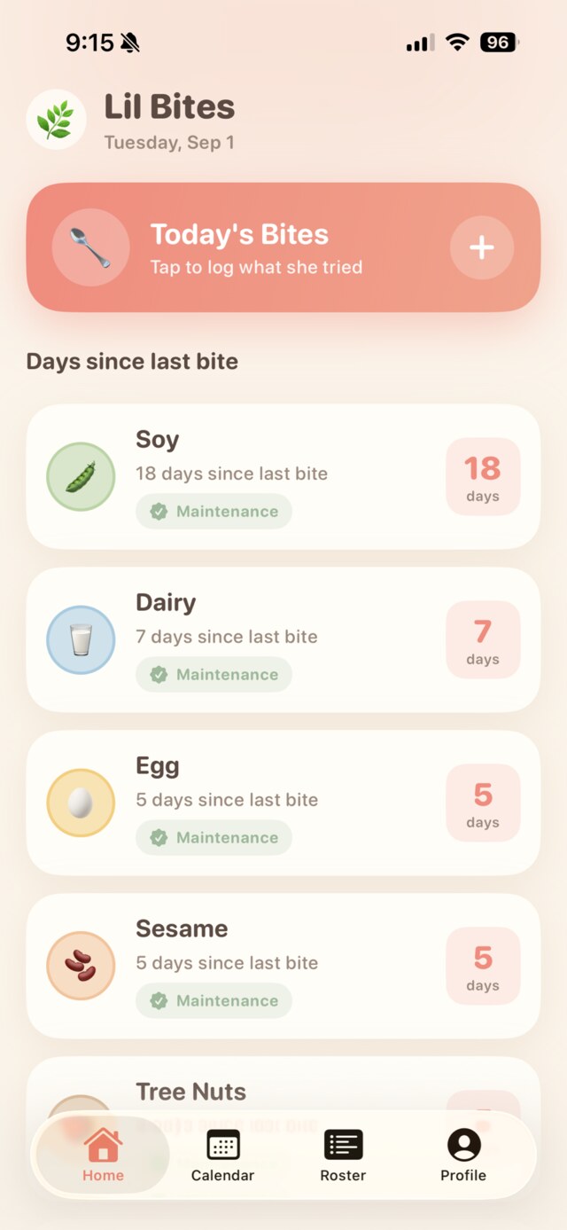 First Baby Bites home screen with Today's Bites and days since each allergen was last served.