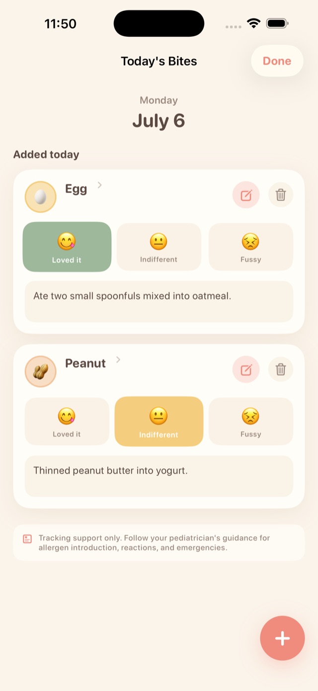 Baby Bites day editor for logging bites and reactions.